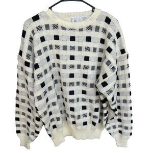 Vintage 90s Sweater Mens Extra Large XL Check Grandpa Cream Black Acrylic Dad